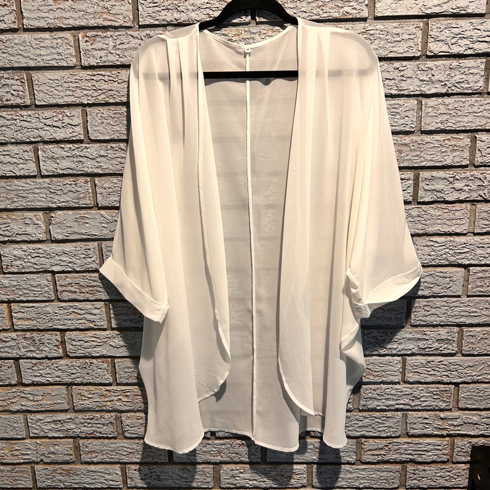 White Sheer Chiffon Kimono Cardigan Open Front Dolman Sleeve Cover Up Medium